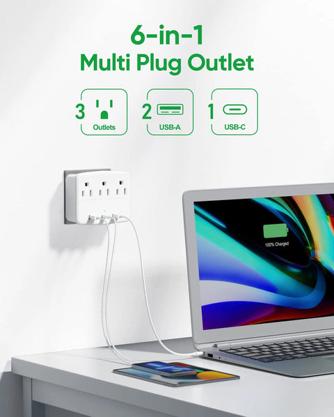 Foldable Travel Power Strip With USB C And USB A Ports 6 In 1 Compact Wall Plug 3 AC Outlets And 3 USB Ports No Surge Protector