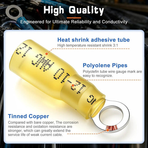 Badass Heavy Duty Heat Shrink Ring Terminals Waterproof Crimp Wire Connectors Quarter Inch Copper Lugs showing heat shrink adhesive tube and tinned copper.