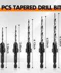 Image of 5 Piece High Speed Steel Countersink Drill Bit Set with various lengths for woodworking and pilot holes.