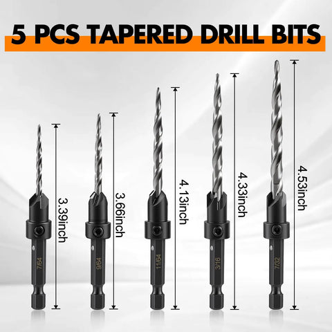 Image of 5 Piece High Speed Steel Countersink Drill Bit Set with various lengths for woodworking and pilot holes.