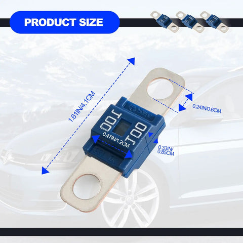Hella Reliable Heavy Duty Midi Fuses 100 Amp High Current Pack Of 3 displayed with size dimensions on a vehicle backdrop.