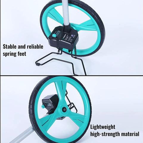 Heavy Duty Large Road Construction Measuring Wheel With Mechanical Counter And Telescopic Handle showing spring feet and ABS wheel design.