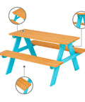 Wooden Outdoor Kids Picnic Table And Bench Set In Brown And Aqua, featuring built-in benches and A-frame design for backyard use