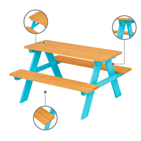 Wooden Outdoor Kids Picnic Table And Bench Set In Brown And Aqua, featuring built-in benches and A-frame design for backyard use
