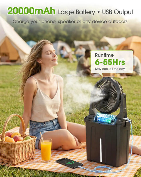 Image of a woman enjoying a 10 Inch Oscillating Misting Fan with 9 Liter Tank and Light, Portable Battery Operated Evaporative Cooler for Golf Carts Porch and Yard Gear, Rechargeable 55 Hour Run Time to Blast The Heat and Keep You Feeling Like a Boss.