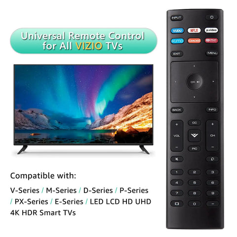 No Fuss Universal Smart TV Remote Replacement XRT136 for Vizio SmartCast showing compatibility with various Vizio TV series.