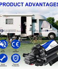 Heavy Duty Self Priming Water Booster Pump Built Tough To Crush Low Pressure With Smooth Auto Switch For Kitchen Garden Home Or Yacht At 110V AC And 4 GPM Flow next to a camper in a park.