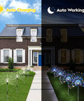 Four Pack Solar Garden Lights With 120 LED Copper Wire Waterproof Fireworks Design outside a house showing day and night modes