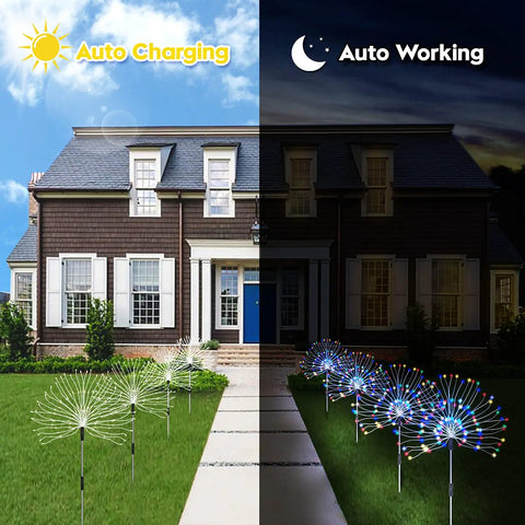 Four Pack Solar Garden Lights With 120 LED Copper Wire Waterproof Fireworks Design outside a house showing day and night modes