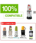 Magic Bullet Blender MB1001 shown as compatible, Nutribullet and Nutri Ninja models marked not compatible.