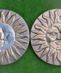 Sun And Moon Concrete Stepping Stone Mold For Plaster Garden Path Decor Fifteen Point Seven Inches Diameter One And A Half Inch Thick ABS Plastic Stone Mold S11, showing front view of two circular molds on grass surface, depicting a sun and moon design.