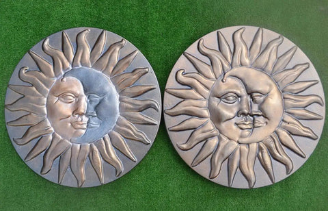 Sun And Moon Concrete Stepping Stone Mold For Plaster Garden Path Decor Fifteen Point Seven Inches Diameter One And A Half Inch Thick ABS Plastic Stone Mold S11, showing front view of two circular molds on grass surface, depicting a sun and moon design.