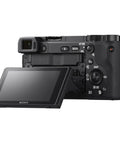 Rear view of A6400 Mirrorless Camera Bundle With 16 To 50mm Lens 128GB Extreme Speed Memory Wide Angle And Telephoto Lenses, showing tilt screen.