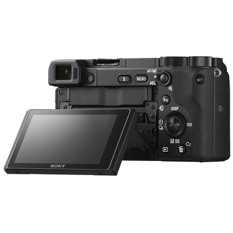 Rear view of A6400 Mirrorless Camera Bundle With 16 To 50mm Lens 128GB Extreme Speed Memory Wide Angle And Telephoto Lenses, showing tilt screen.