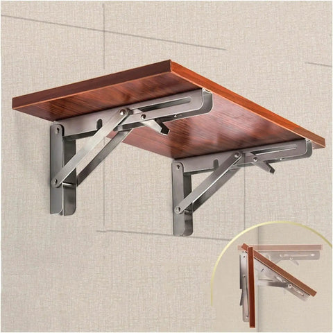 Heavy Duty Rock Solid Folding Wall Mount Shelf Brackets Crafted From Premium Stainless Steel With A Durable Matte Black Coating, showcasing a wooden shelf.
