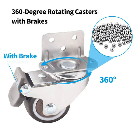 Close-up of 4 Pack 1.5 Inch L Shaped Swivel Casters With Brakes Quiet TPE Rubber Wheels Metal Housing Replacement Caster For Furniture