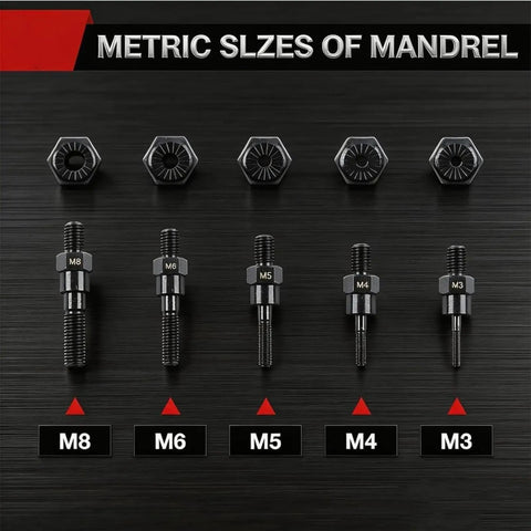 Metric sizes M3 to M8 displayed for Rivet Nut Setter Kit For Cordless Drill M3 To M8, Quick Change Blind Riveter Nut Tool.