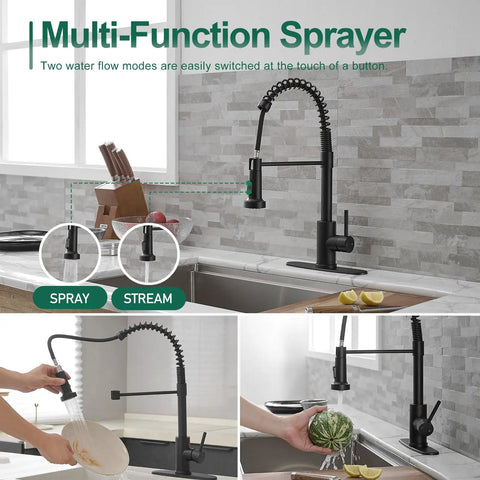Top Shelf Hella Tough Black Spring Kitchen Faucet Pull Down Sprayer with dual spray modes for efficient cleaning.