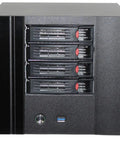 Front view of Dope DIY NAS Case With Four Bay And Two Internal Bays For Mini ITX Build For Home Setups Hot Swap Backplane Front USB 3.0 12cm Case Fan Supports Flex PSU And PCIe Card Private Cloud Network Attached Storage Enclosure