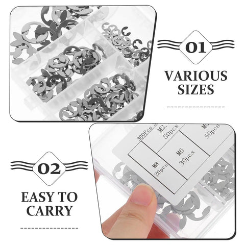 Stainless Steel E Shaped Circlip Retaining Ring Kit With Storage Case 300 Pcs No Brainer Rust Resistant 304 Stainless Steel Open Split Washers For Shafts And Machinery, various sizes in clear case