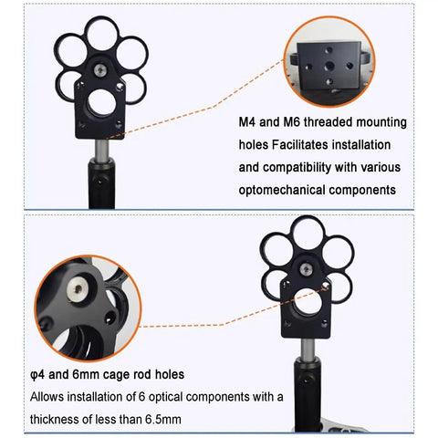 Coaxial 6 Position Filter Wheel Holder for Telescopes with M4 M6 threaded holes and q4 6mm cage rod holes, 30mm cage mount
