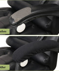 Before and after using Two Pack Armrest Covers for Office Chair Comfy Soft Elastic Polyester Hand Rest Protectors in black.