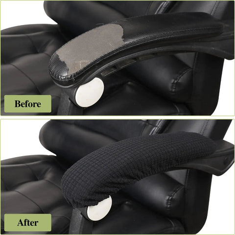 Before and after using Two Pack Armrest Covers for Office Chair Comfy Soft Elastic Polyester Hand Rest Protectors in black.