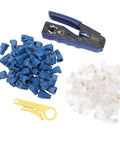 All In One Ethernet Crimping Tool With Pass Through Connectors For Cat5 Through Cat6A, Cutter, Stripper, Crimper shown with connectors