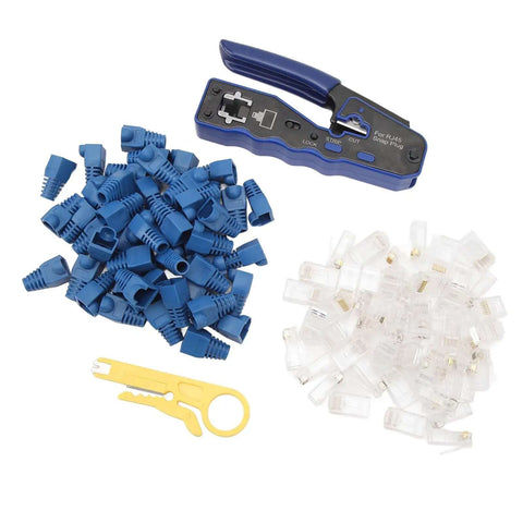 All In One Ethernet Crimping Tool With Pass Through Connectors For Cat5 Through Cat6A, Cutter, Stripper, Crimper shown with connectors