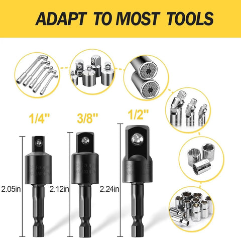 Four Piece Power Drill Sockets Adapter Set With 360 Degree Rotatable Extensions For One Quarter Inch Three Eighths Inch And One Half Inch Impact Grade Driver Sockets Right Angle Drill Bit Hex Socket Adapters Extension And Bit Kit