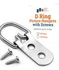 Heavy Duty D Ring Picture Hangers Bulk Pack 50 Count Two Hole With Screws One Inch Wide Supports Up To 40 Lbs For Wood Picture Frames Two And One Quarter Inch Long Durable Frame Hanger Set showing hanger and screws