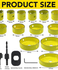 Pro Level 13 Piece Hole Saw Set With Arbor And Twist Drill Bits Built Tough From Heat Treated Carbon Steel heavy duty yellow cutters in various sizes.