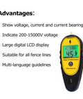 Backlit LCD Electric Fence Voltage Tester With Fault Finder, 200V To 15,000V Range, showing digital display and text advantages