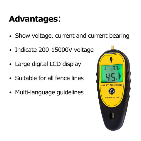 Backlit LCD Electric Fence Voltage Tester With Fault Finder, 200V To 15,000V Range, showing digital display and text advantages