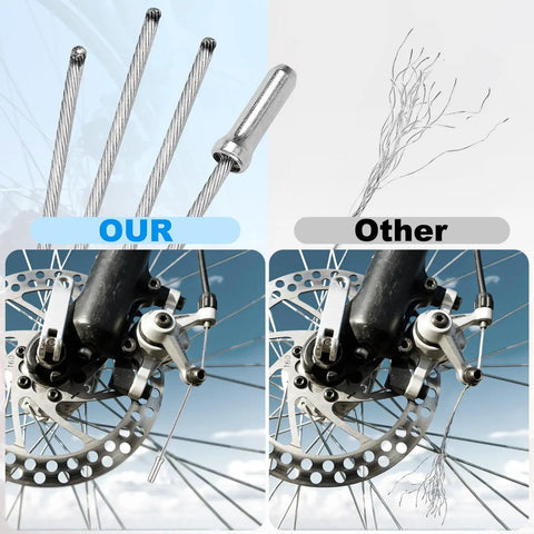 Comparison of All In One Mountain Bike Brake Cable Kit Upgrade and regular cables with MTB wheel and brake system in view