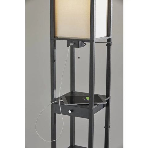 Dope Jumbo Shelf Light With USB Port And Drawer In Black MDF Frame, Off White Fabric Shade, 3 Storage Shelves And Hidden Drawer, On Off Pull Chain, Perfect Desk Or Nightstand Lamp With Built In USB Power And Storage