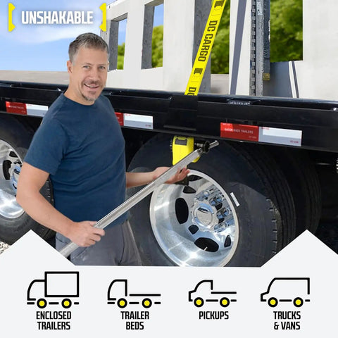 Man demonstrating 40.5 Inch Winch Bar For Flatbed Trailers And Trucks With Extra Long Non Slip Handle, holding tool by wheel.