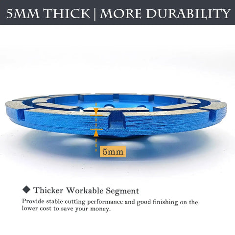 Side view of blue 2-Piece Diamond Concrete Grinding Cup Wheel Set, 115mm (4-1/2 Inch), Double Row Plus Turbo Row Segments.