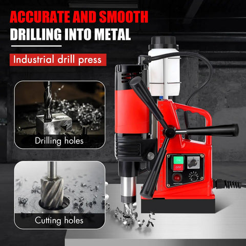 Heavy Duty Magnetic Drill Press With Double Track And 1.6 Inch Boring Diameter Powered By A Strong Motor At 810 RPM image showing drilling and cutting processes.
