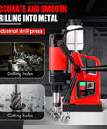 Rugged Magnetic Drill Press Packing 1400 Watt Motor With Ten Buttery Smooth Speeds For Killer Core Drilling On Steel Plates, showcasing metal drilling.