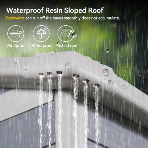 Waterproof resin sloped roof of 6x4 Ft Resin Outdoor Storage Shed With Floor And Window, Lockable Door, rainwater drainage feature