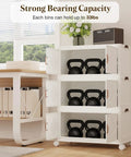 Premium Stackable Storage Bins With Smooth Rolling Wheels And Secure Snap Lids Game Changing Hella Spacious Plastic Organizers Fold Flat For Garage Closet Pantry 3 Pack Cream White storing kettlebells in rolling bins with open doors.