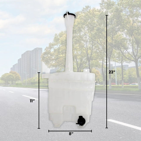 Direct-Fit Windshield Washer Reservoir Tank Assembly With Cap And Washer Pump Without Low Fluid Sensor For 2009-2013 Toyota Corolla And 2009-2012 Toyota Matrix Without Rear Wiper Aftermarket Replacement dimensions shown.