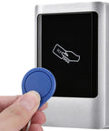 Outdoor IP65 Wiegand Access Control System With Touchscreen Keypad, Dual Frequency 125kHz And 13.56MHz Card Reader, Weatherproof Metal Housing, Ideal For Single Entry Doors, Supports Up To 15000 Users, silver metal reader with blue RFID key tag