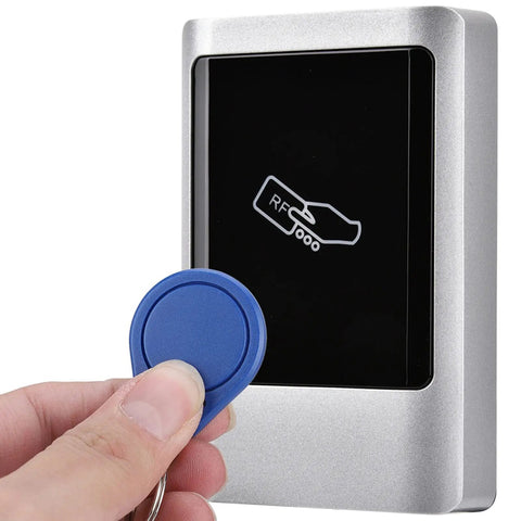 Outdoor IP65 Wiegand Access Control System With Touchscreen Keypad, Dual Frequency 125kHz And 13.56MHz Card Reader, Weatherproof Metal Housing, Ideal For Single Entry Doors, Supports Up To 15000 Users, silver metal reader with blue RFID key tag