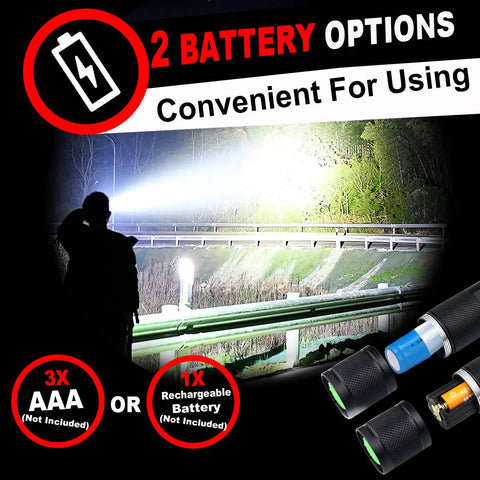 Silhouette using Four Pack Zoomable LED Tactical Flashlights With Ridiculously Bright Lumens Durable Aluminum Build Water Resistant Pocket Lights For Emergency Prep Camping Gear Outdoor Adventures And Gift SL2000 showing battery options
