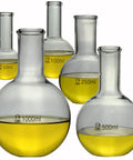 Five Piece Flat Bottom Boiling Flask Set In Heavy-Wall Borosilicate Glass, Florence-Style Narrow-Neck Lab Glassware
