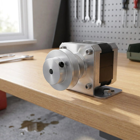 Built Tank Tough Aluminum Single Groove V Belt Sheave With Fixed Bore For 6Mm Synchronous Drives on workbench.