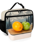 Mountain Bear Tree Lake Insulated Lunch Bag with fruit on wooden lid container