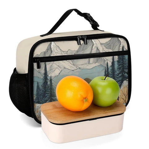 Mountain Bear Tree Lake Insulated Lunch Bag with fruit on wooden lid container